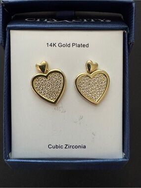 14K Gold Plated Heart Stud Earrings with Cubic Zirconia - Gold